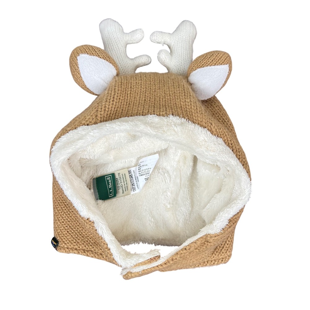 LL Bean Reindeer Critter Beanie Kids 12-24M Brown Knit Fleece Lined Trapper Hat